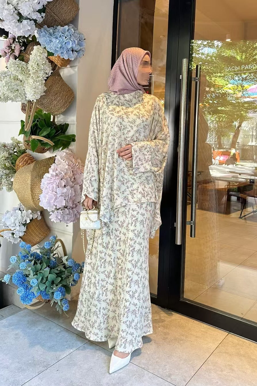 Floral Print Batwing Kaftan & Maxi Skirt Modest Set
