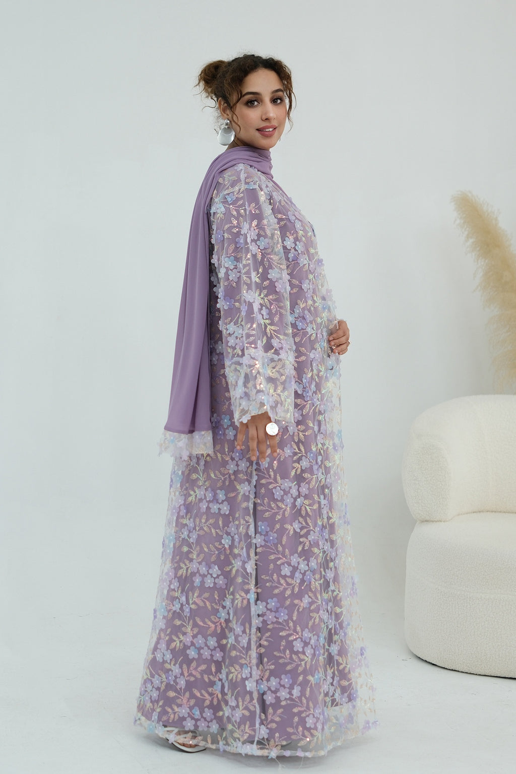 Hand-Beaded Floral Open Abaya Three-Piece Set with Matching Inner Dress & Hijab-Purple