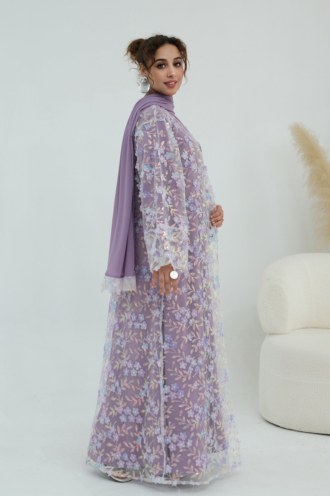 Hand-Beaded Floral Open Abaya Three-Piece Set with Matching Inner Dress & Hijab-Purple