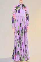 Regal Floral Print Pleated Modest Maxi Dress with Long Sleeves