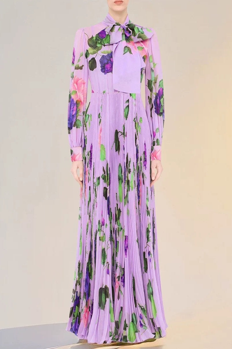 Regal Floral Print Pleated Modest Maxi Dress with Long Sleeves