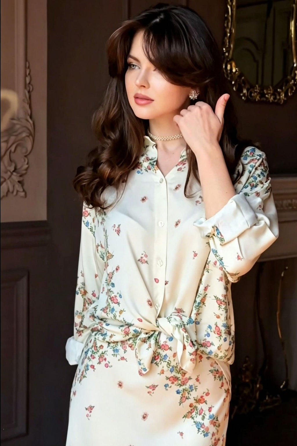 Botanical Print Front-Tie Blouse and Lace-Trim Maxi Skirt Two-Piece Set