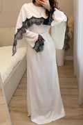 Lace-Trimmed Cape Overlay Modest Maxi Dress-White