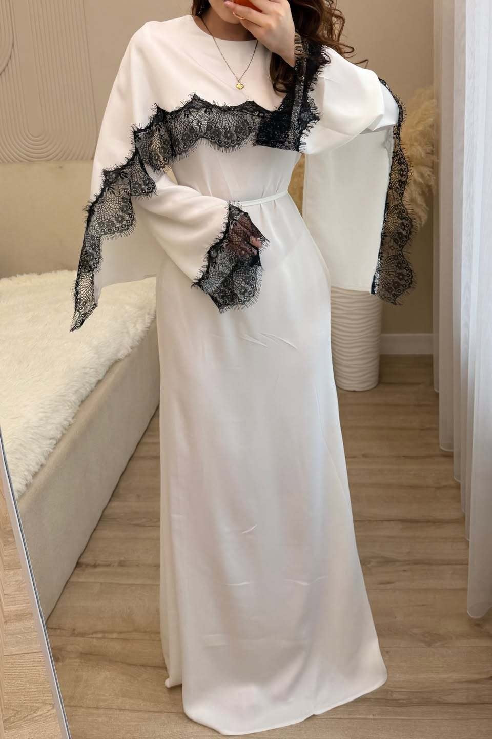 Lace-Trimmed Cape Overlay Modest Maxi Dress-White