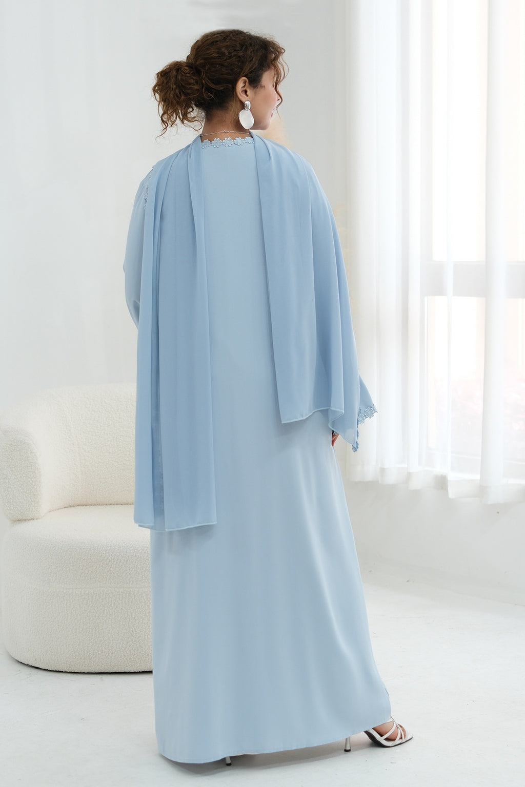 Floral Lace Trim Open Abaya & Matching Hijab Two-Piece Set-Blue
