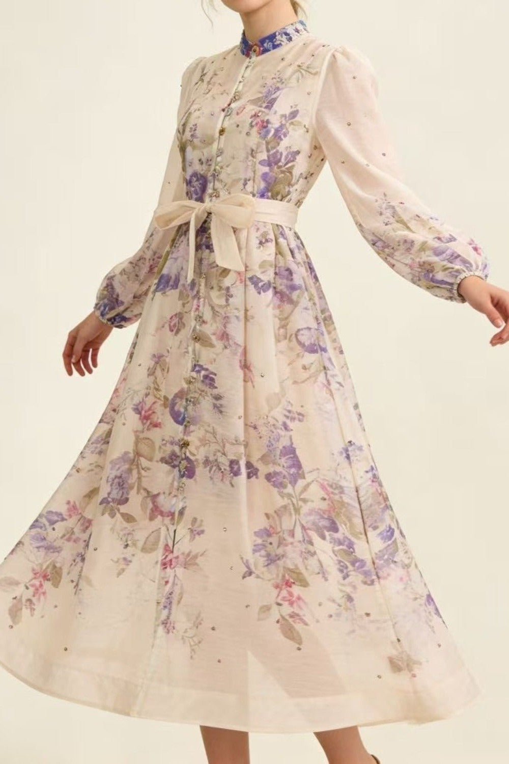 Royal Purple Floral Print Crystal-Embellished Full-Sweep Maxi Dress