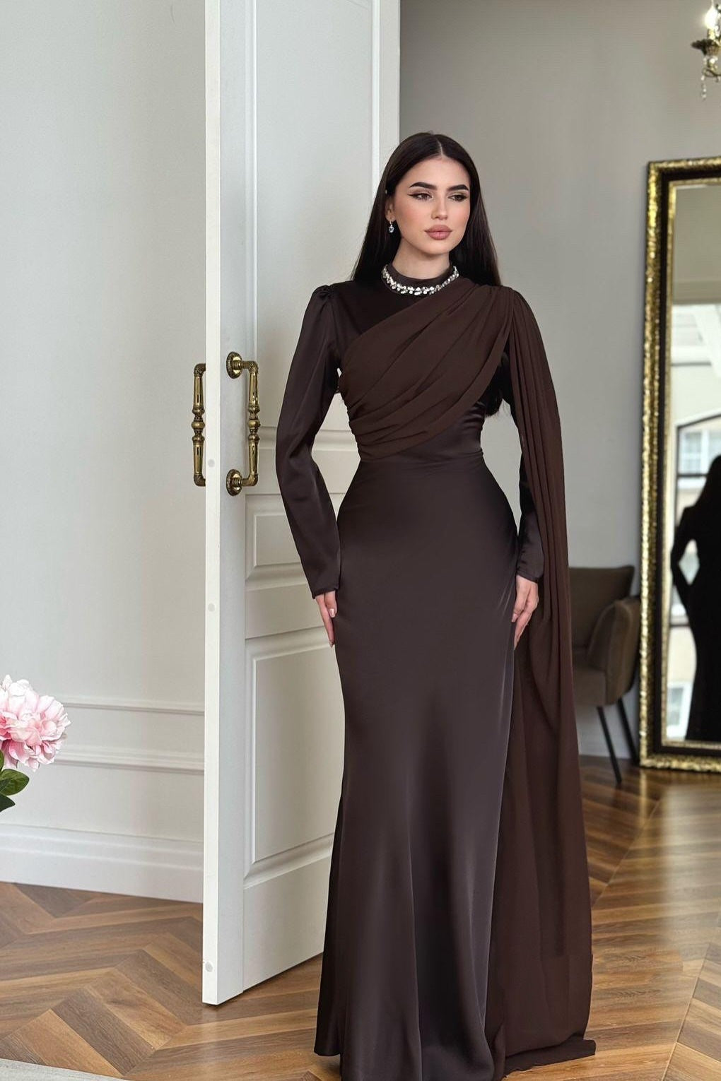 Slim-Fit Long Sleeve Luxury Evening Maxi Dress-Brown