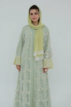 Floral Bloom Sheer Mesh Open Abaya-Green