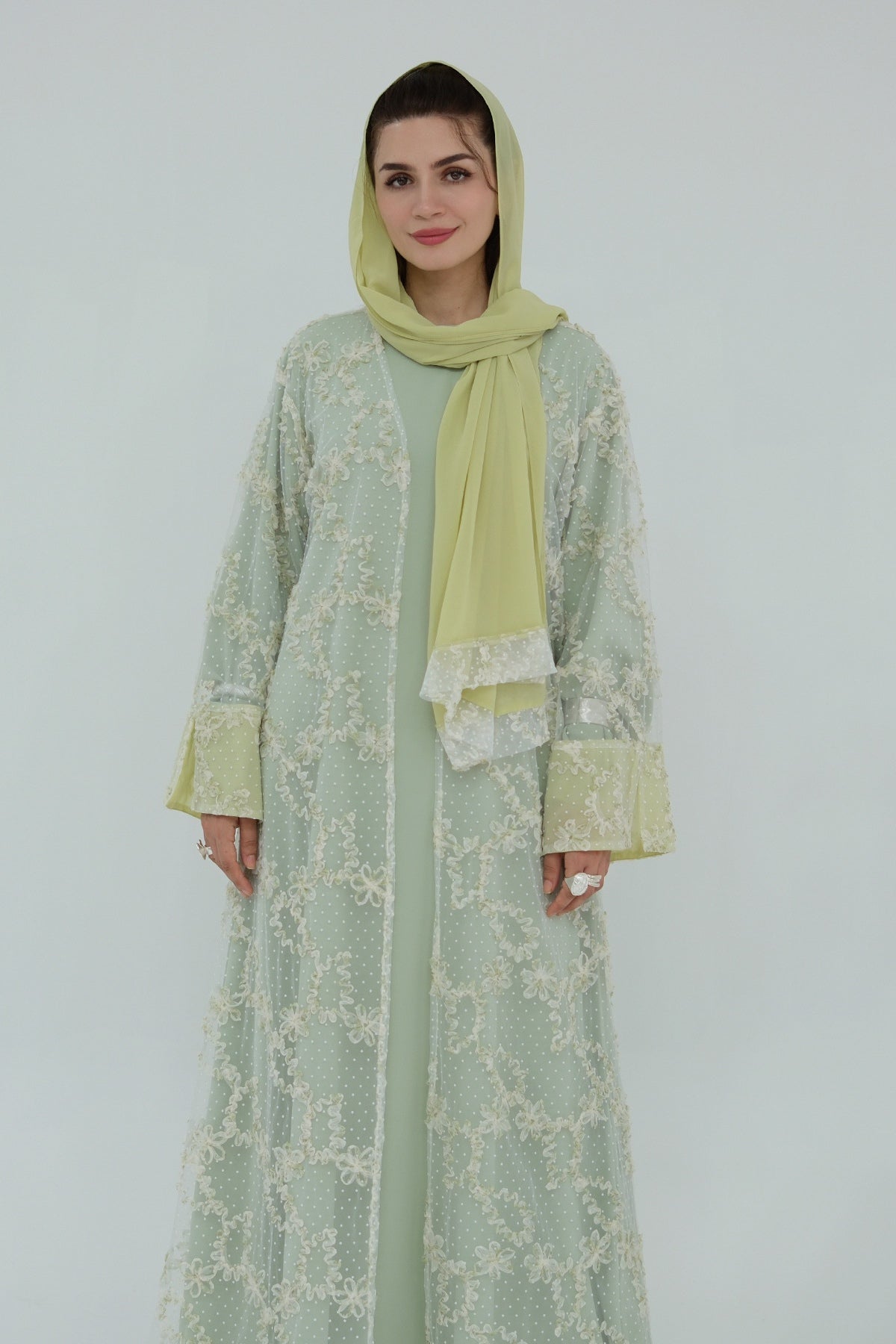 Floral Bloom Sheer Mesh Open Abaya-Green