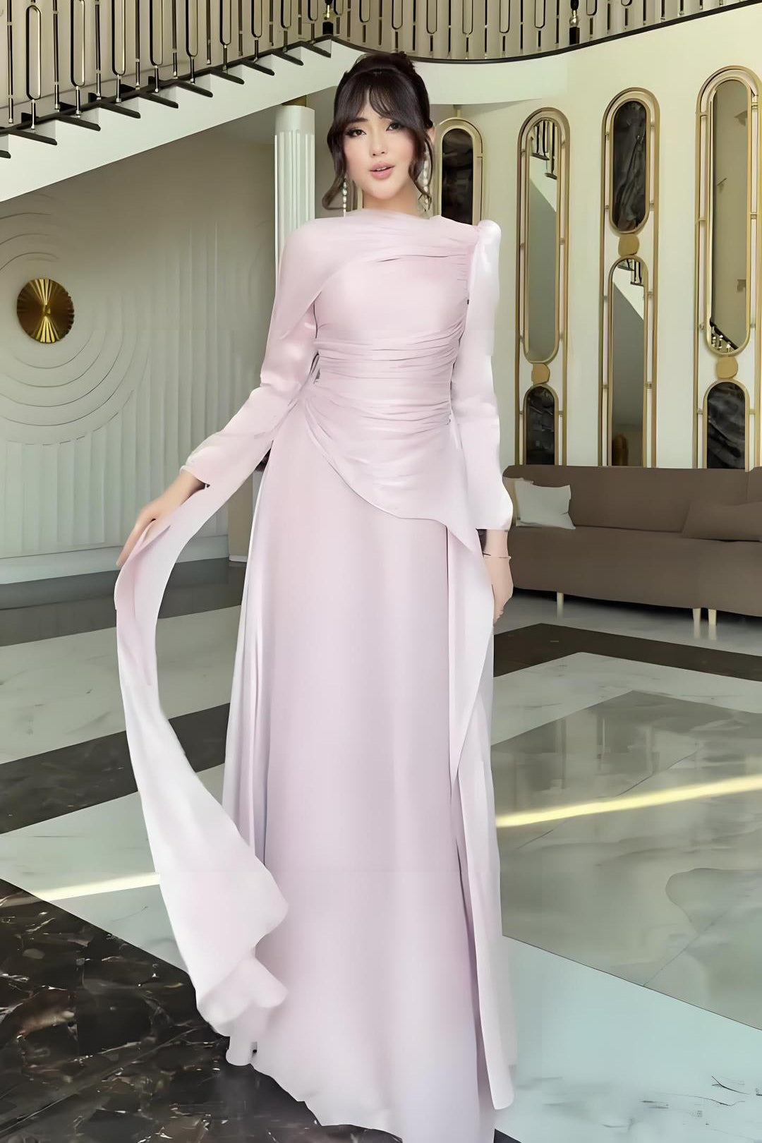 Ruched Bodice Asymmetric Drape Maxi Dress