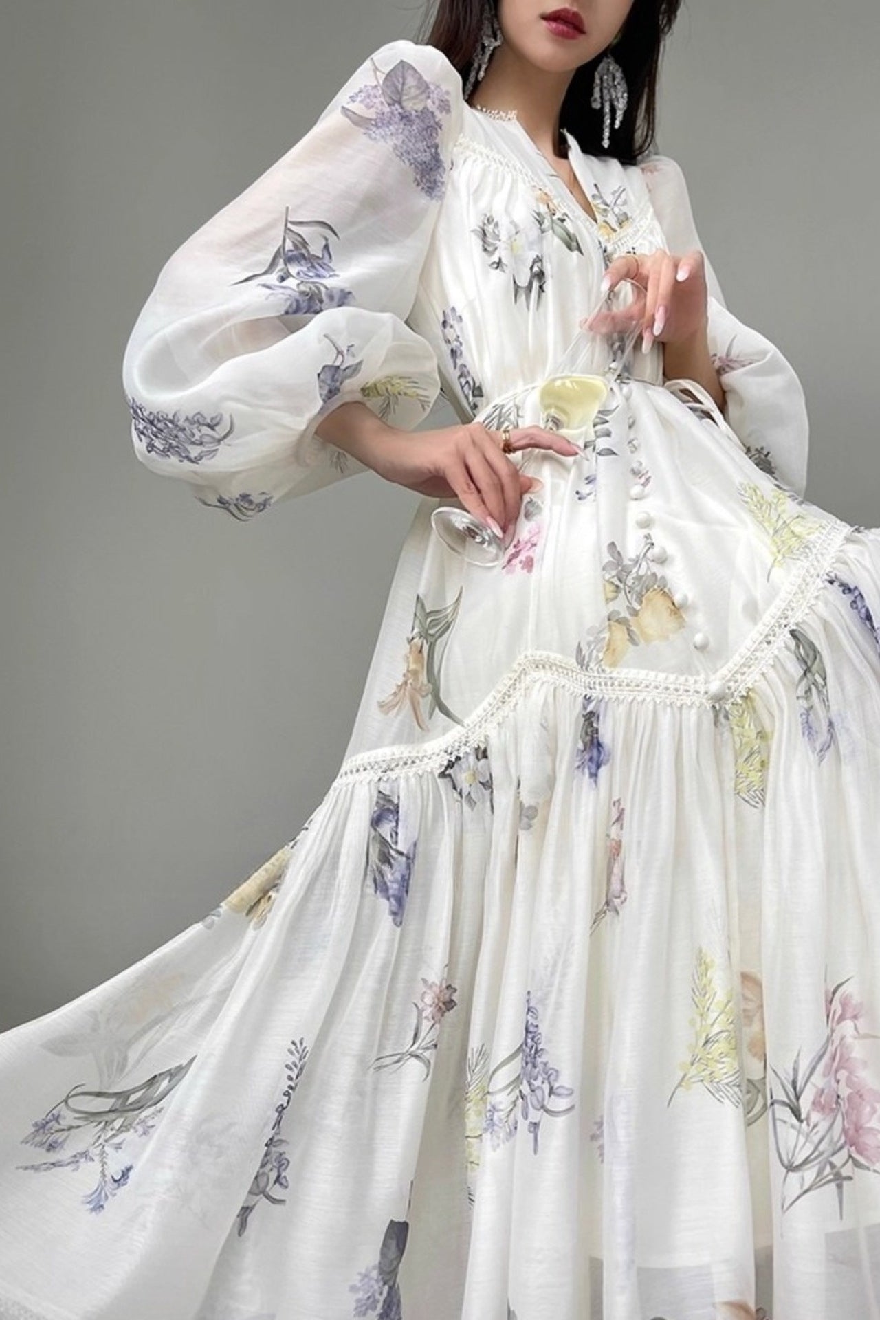 Lace-Trimmed Floral Summer Modest Maxi Dress