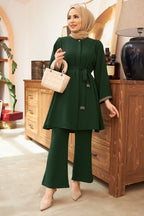 Glistening Rhinestone Modest Top & Flared Pant Set-Green