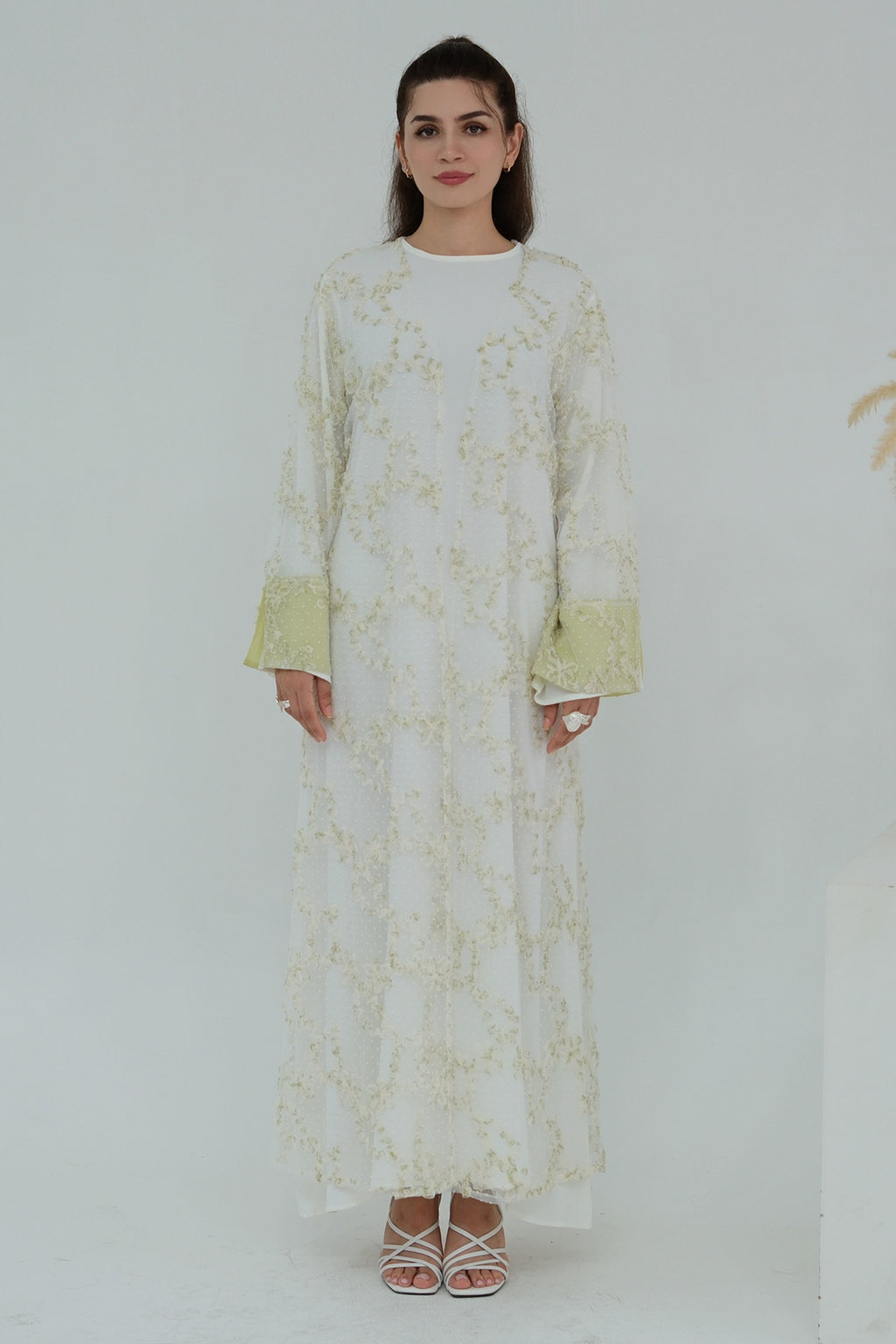 Floral Bloom Sheer Mesh Open Abaya-Green