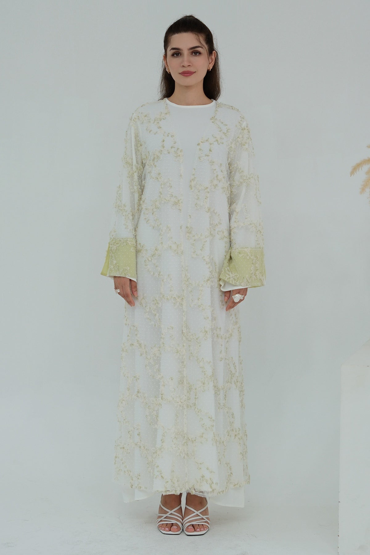 Floral Bloom Sheer Mesh Open Abaya-Green
