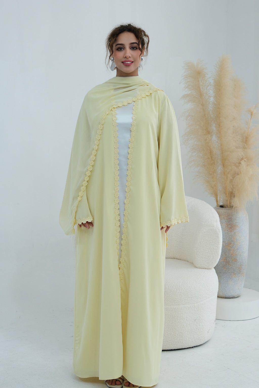 Floral Lace Trim Open Abaya & Matching Hijab Two-Piece Set-Yellow