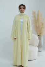 Floral Lace Trim Open Abaya & Matching Hijab Two-Piece Set-Yellow