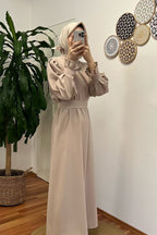 Elegant Slim-Fit Cinched Waist Maxi Abaya Dress-Apricot