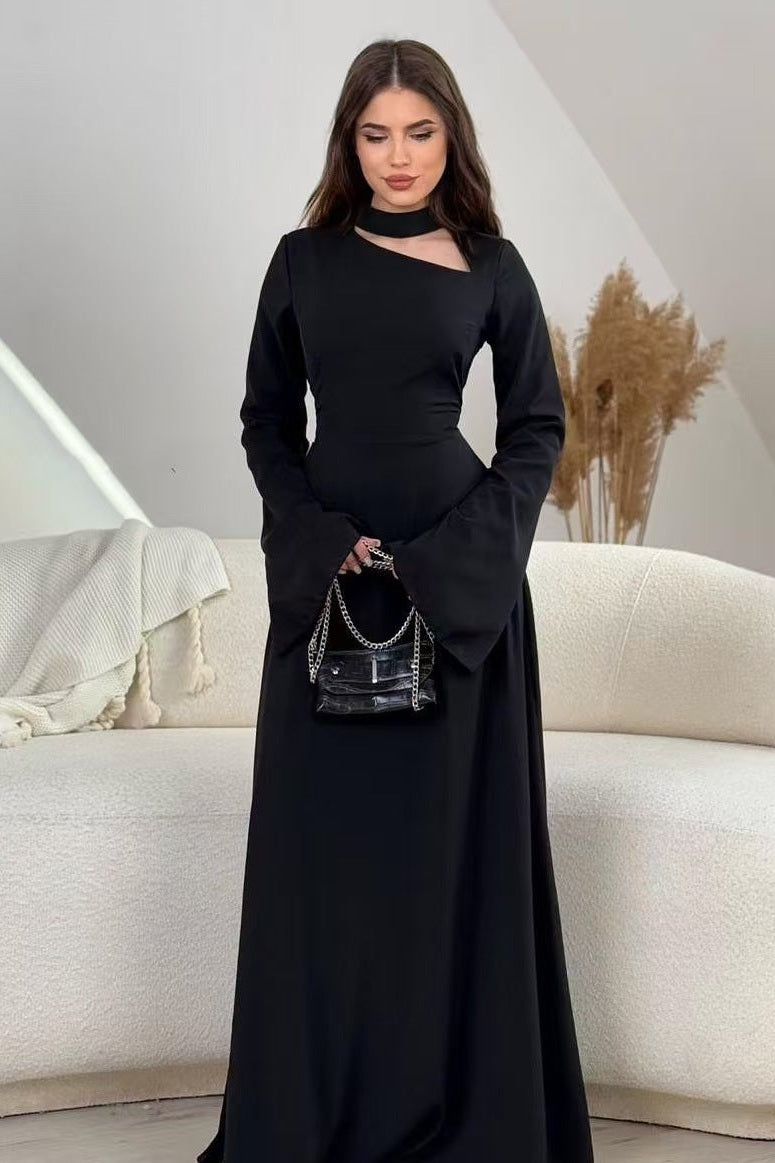 Minimalist Evening Dress with Flared Sleeves-Black