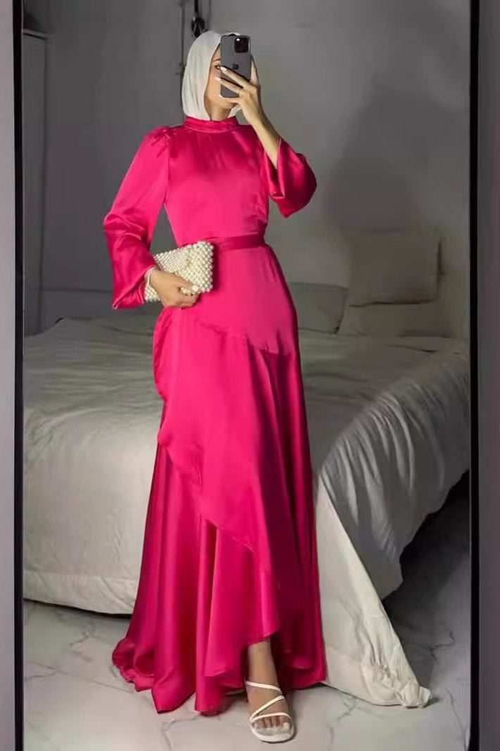 Lustrous Satin Asymmetric Tiered Gown-Red