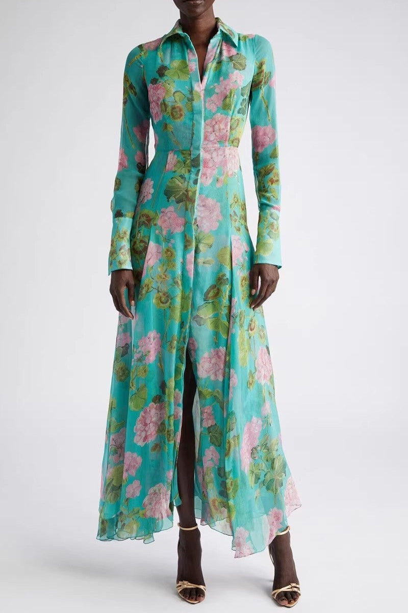 Botanical Green Floral Print Single-Breasted Modest Maxi Dress