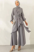 Asymmetrical Wrap Tunic & Wide-Leg Trouser Chiffon Set-Grey