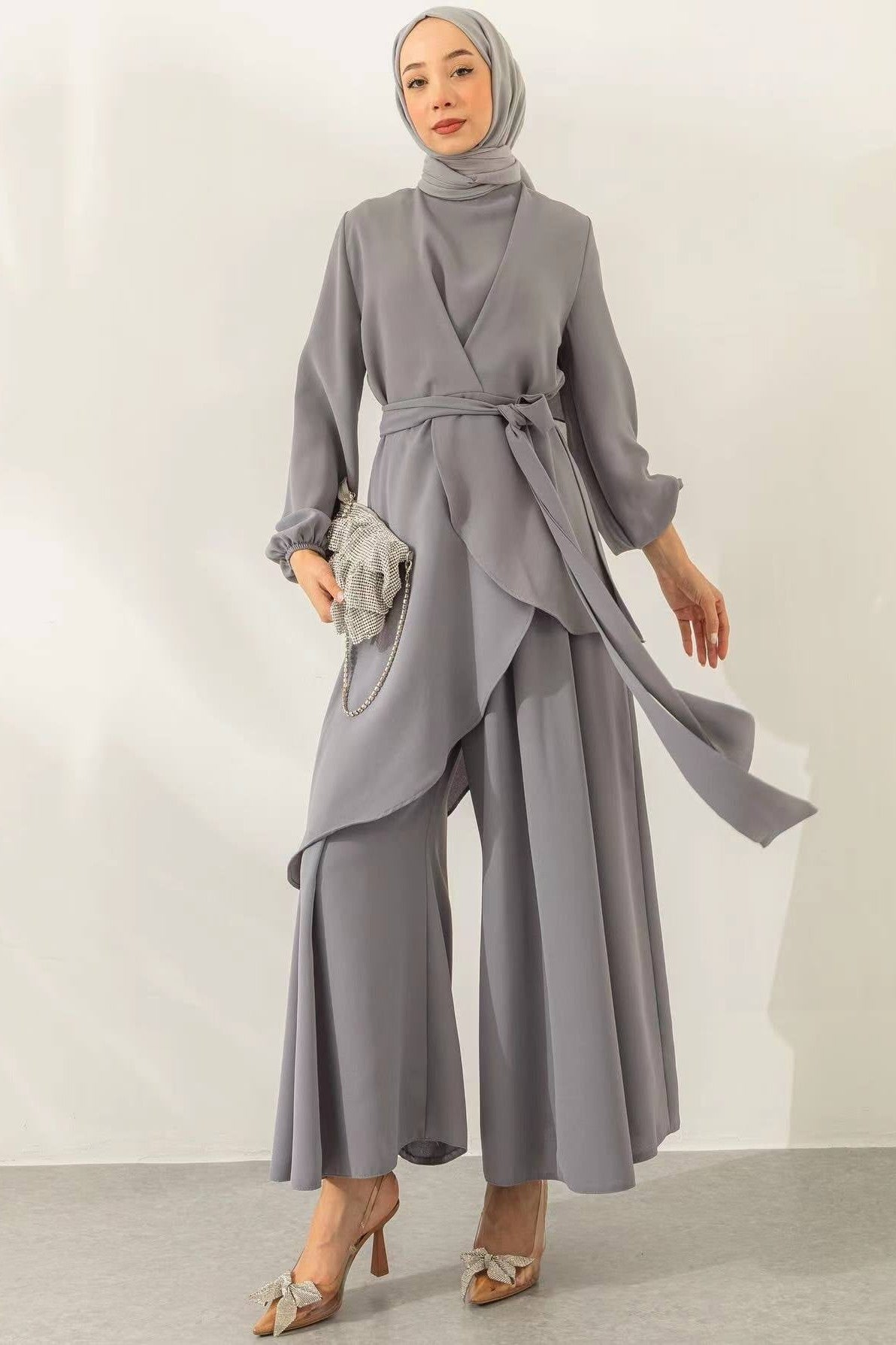 Asymmetrical Wrap Tunic & Wide-Leg Trouser Chiffon Set-Grey