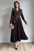 Amara Blazer Pleated Maxi Dress-Brown