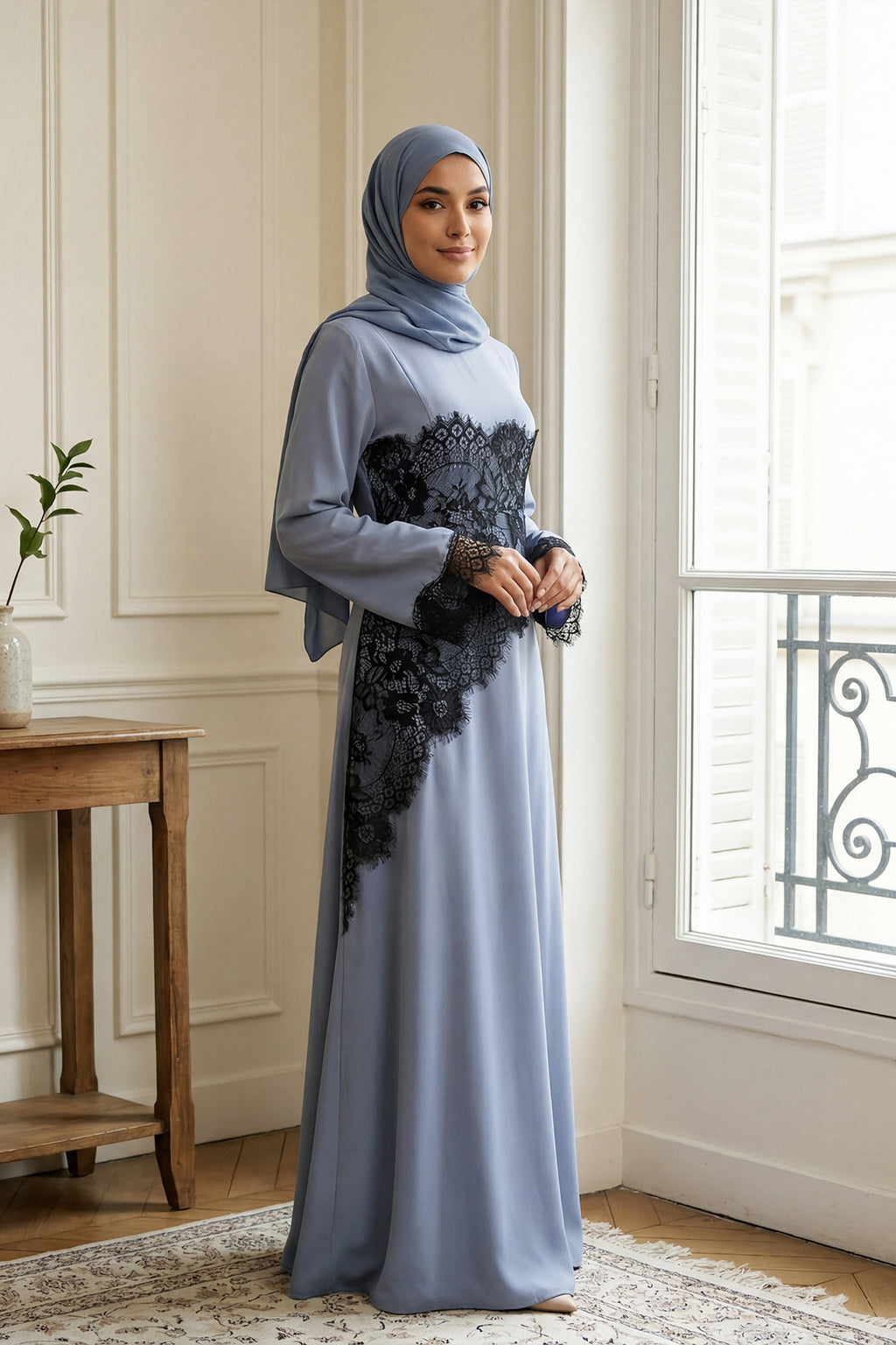 Asymmetric Lace-Trimmed Maxi Dress-Blue