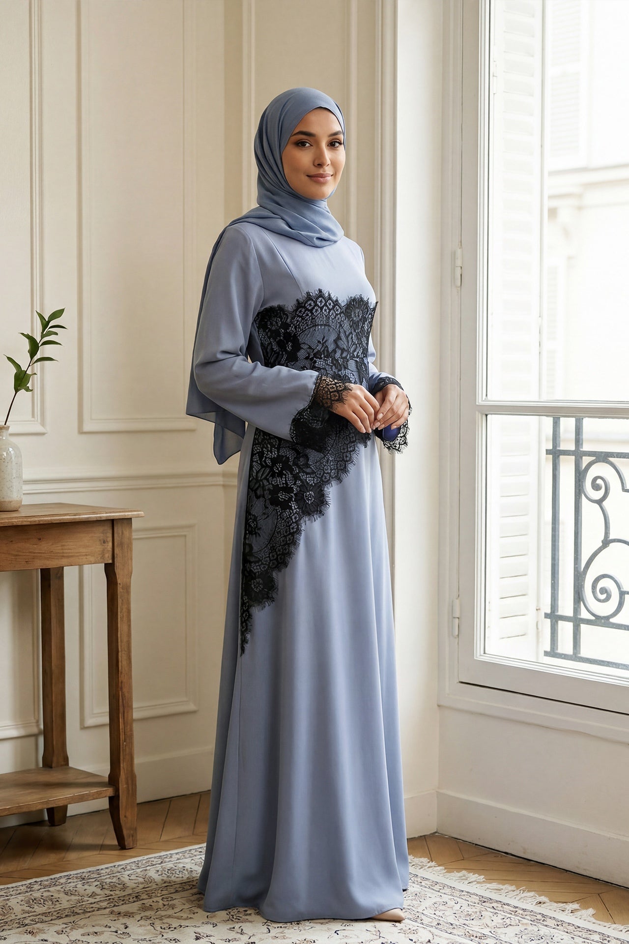 Asymmetric Lace-Trimmed Maxi Dress-Blue