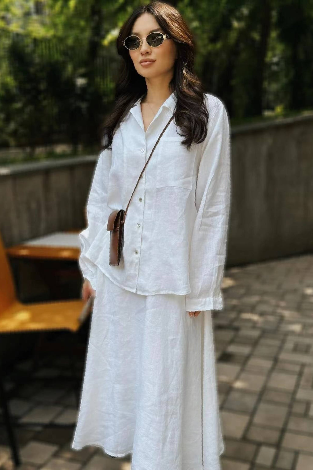 Solid Linen-Cotton Relaxed Long Sleeve Shirt & Full-Sweep Skirt Set