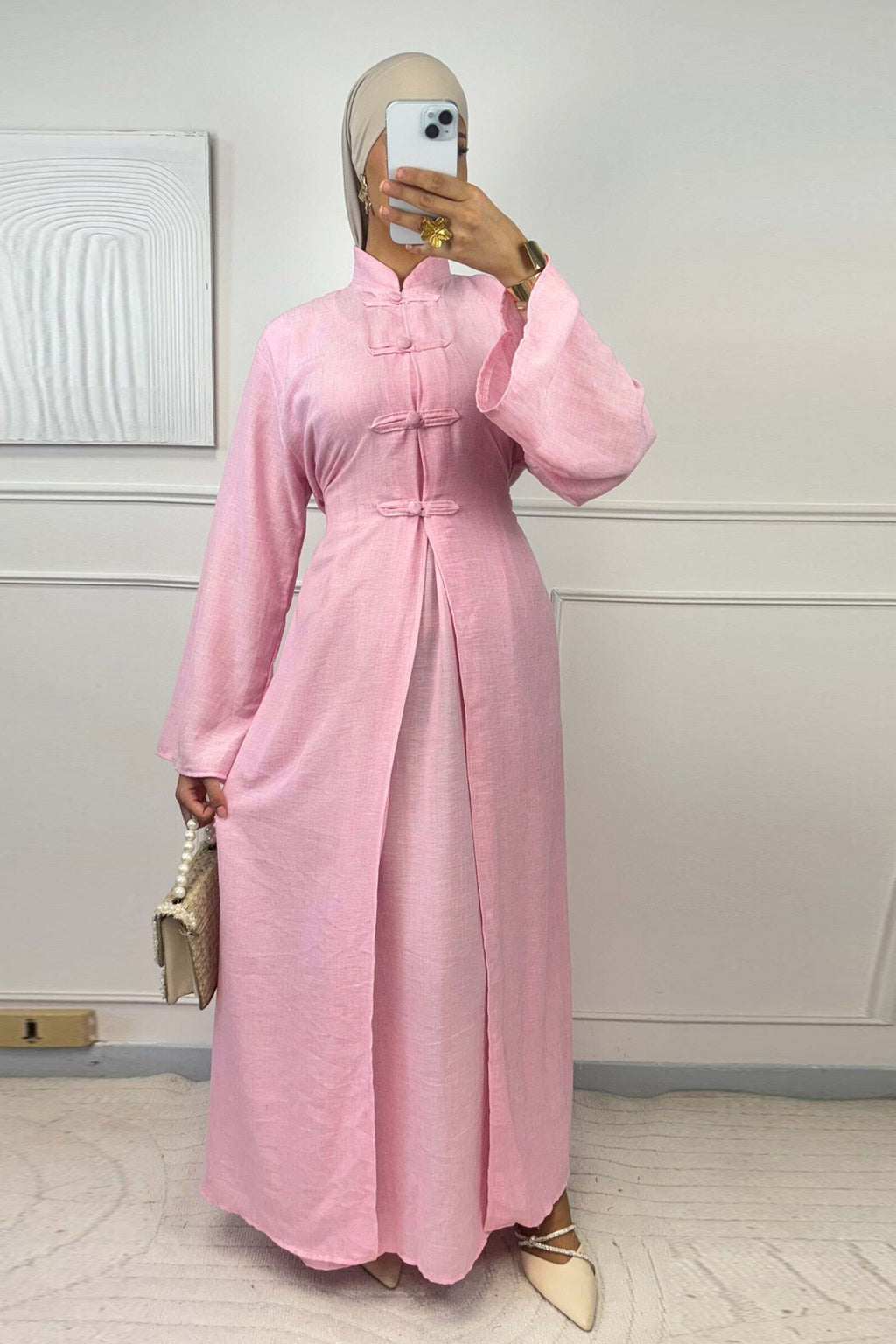 Mandarin Collar Modest Two-Piece Abaya Set-Pink