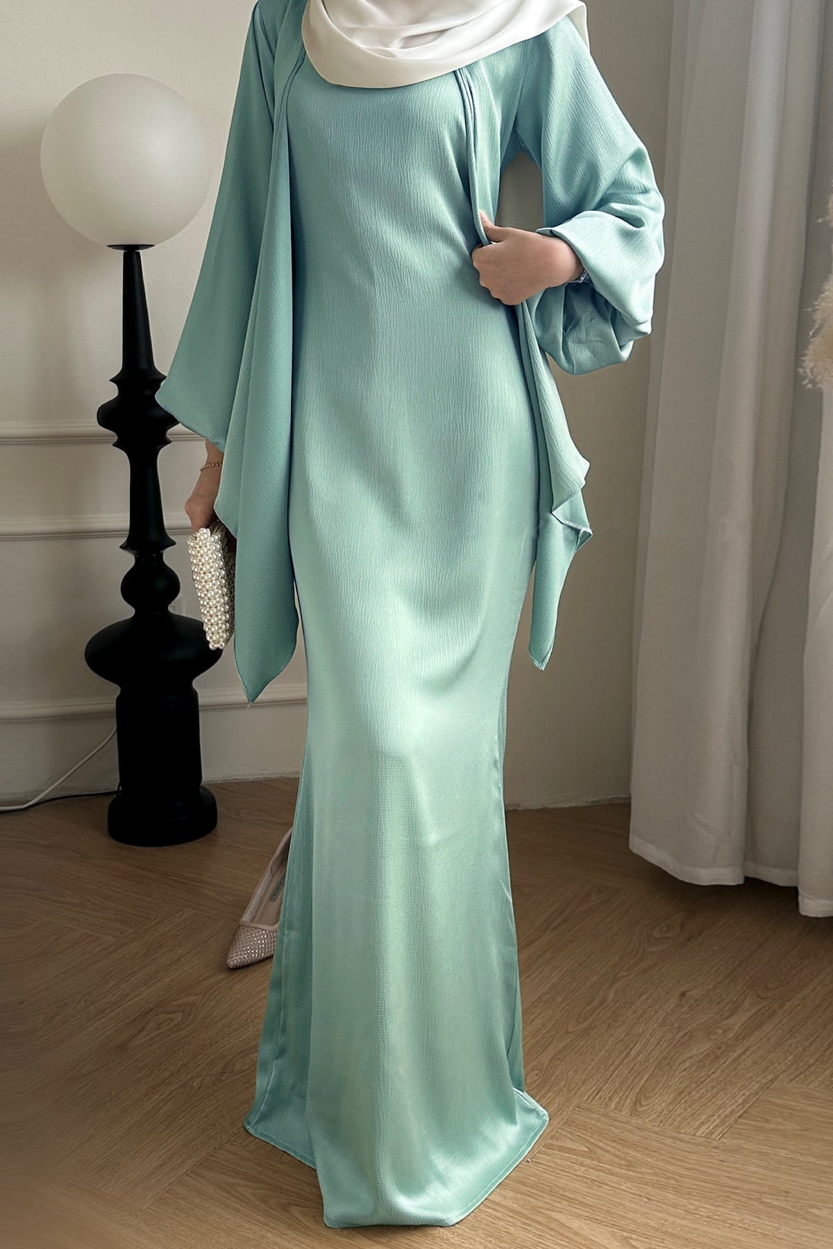 Modest Two-Piece Mermaid Dress & Kimono Set-Green