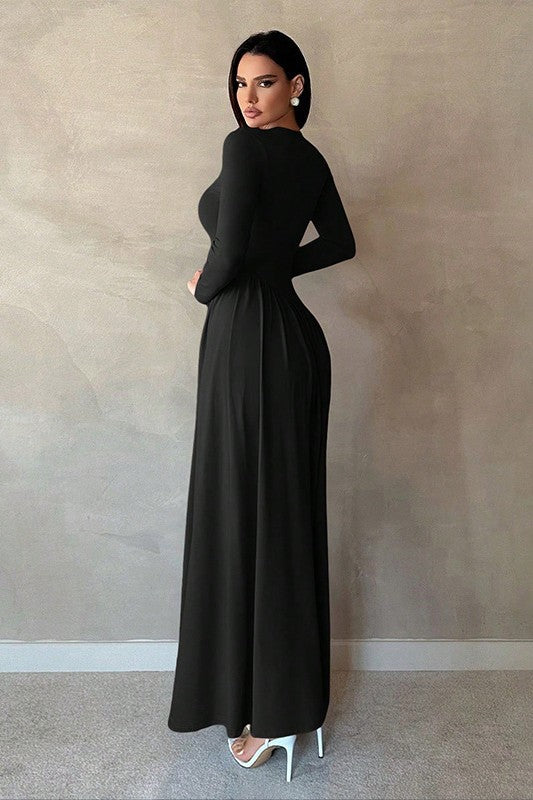 Minimalist Pleated Slim-Fit Maxi Dress-Black
