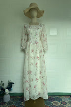 Vintage Floral Square Neck Tie-Waist Fairy Maxi Dress-Pink