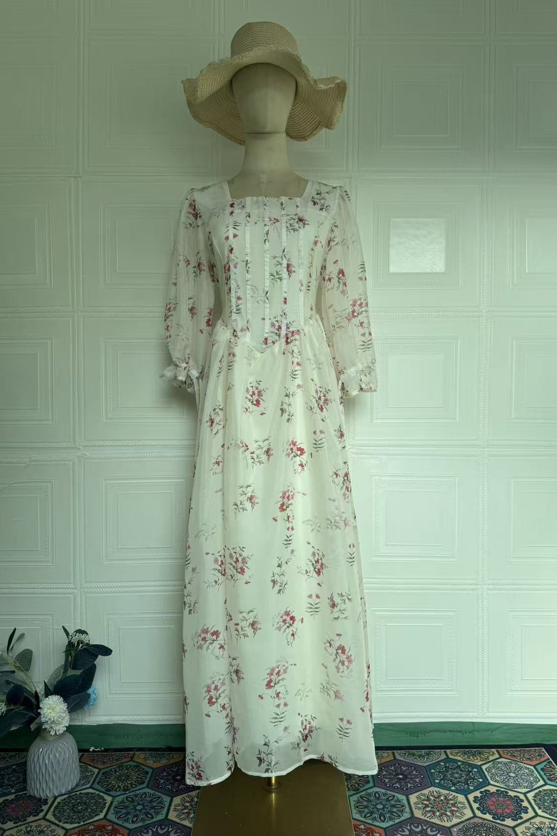 Vintage Floral Square Neck Tie-Waist Fairy Maxi Dress-Pink