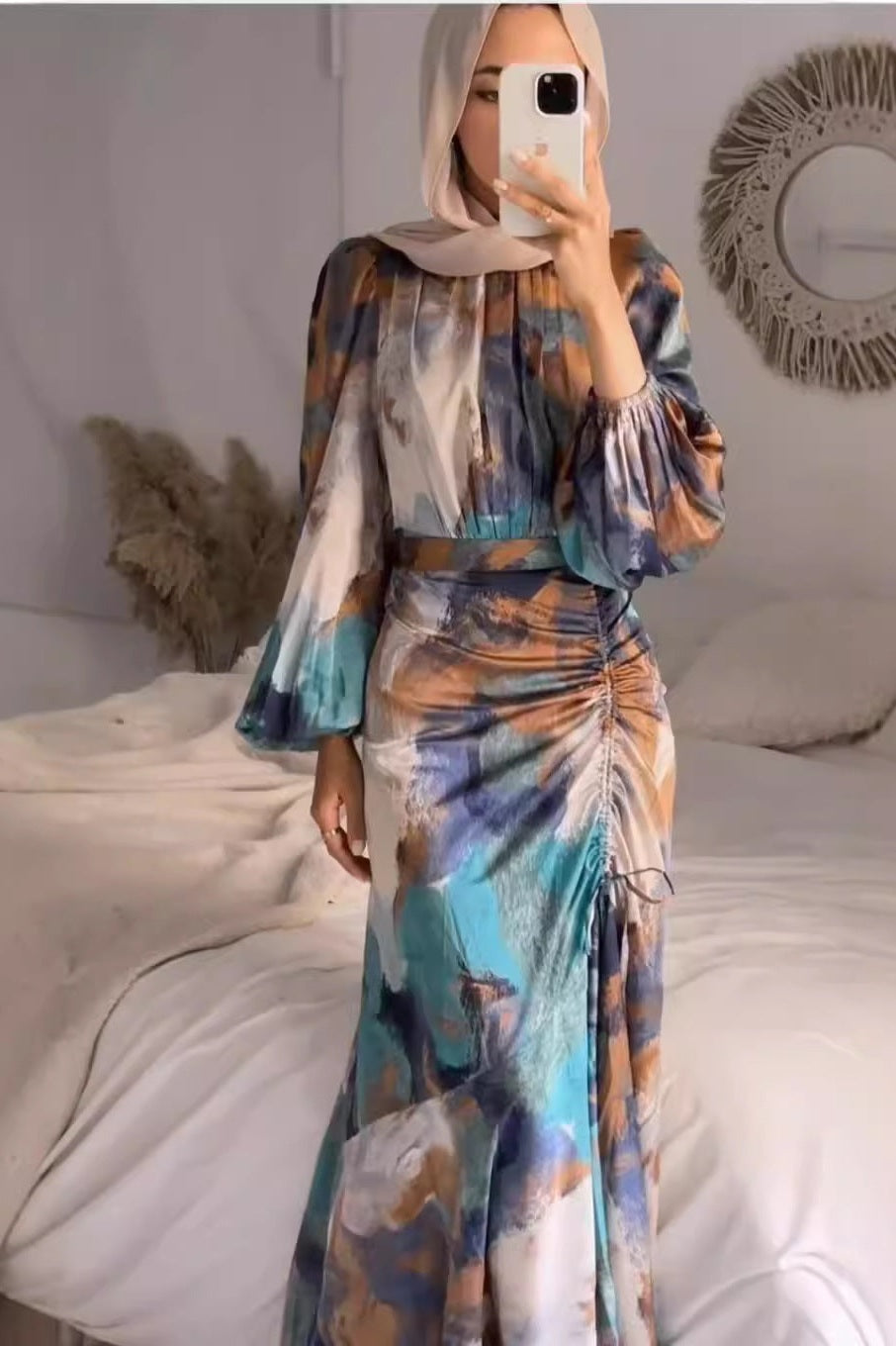 Pleated Cinched-Waist Slimming Long Sleeve Elegant Commuter Dress