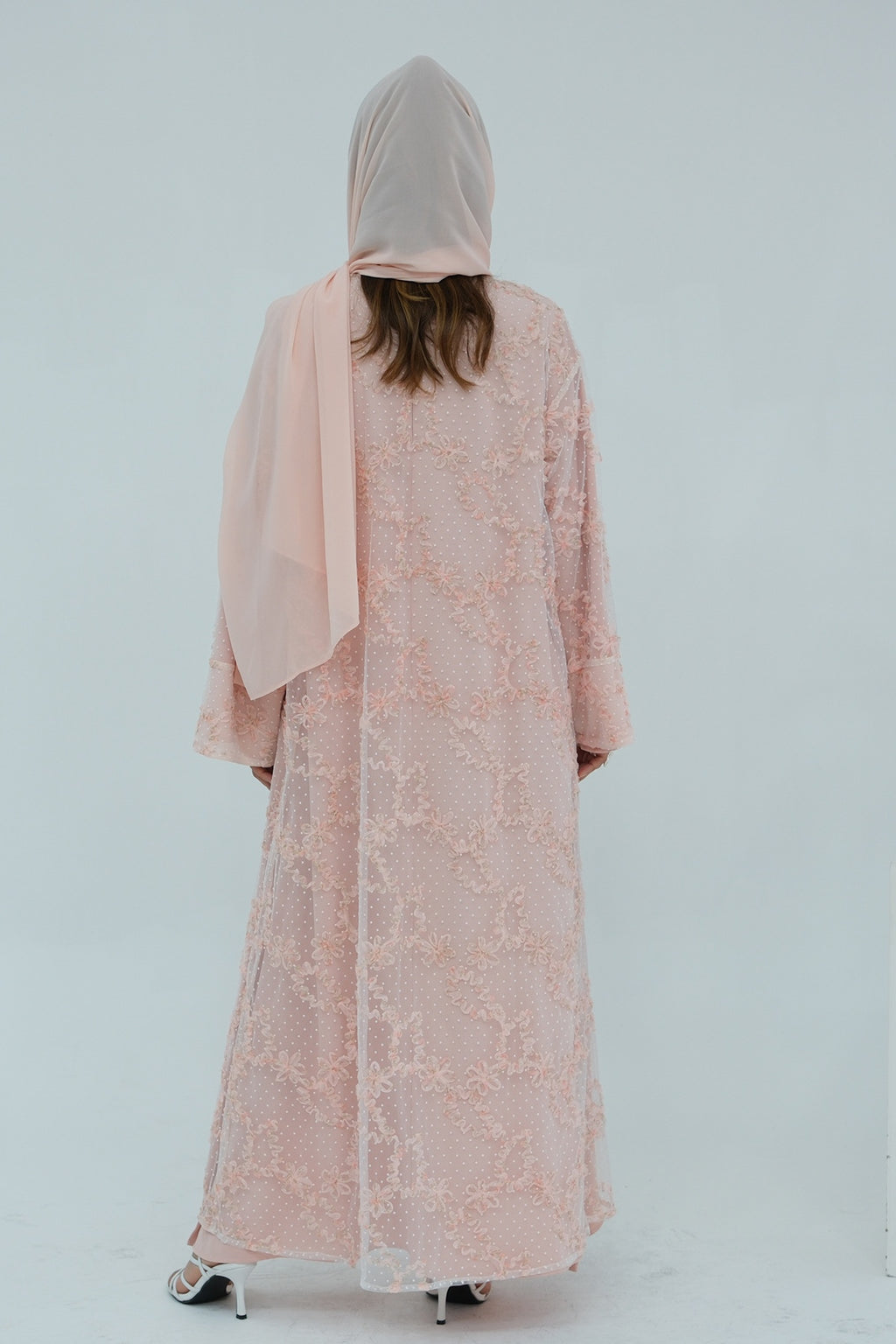 Floral Bloom Sheer Mesh Open Abaya-Pink