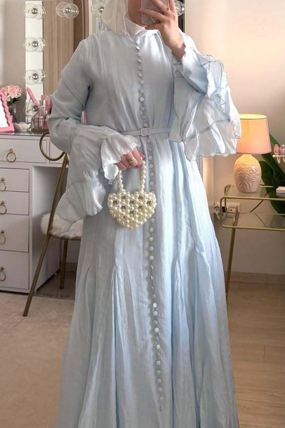 Button Down Cascade Ruffle Sleeve Dress-Blue