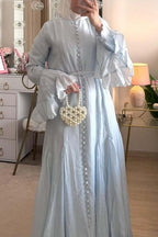 Button Down Cascade Ruffle Sleeve Dress-Blue