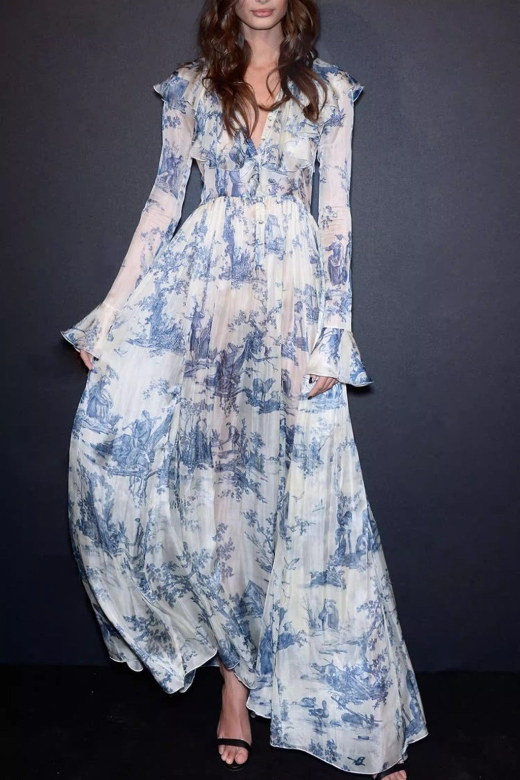 Vintage Toile de Jouy Inspired Flare Sleeve Modest Maxi Dress
