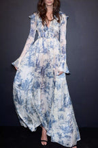 Vintage Toile de Jouy Inspired Flare Sleeve Modest Maxi Dress