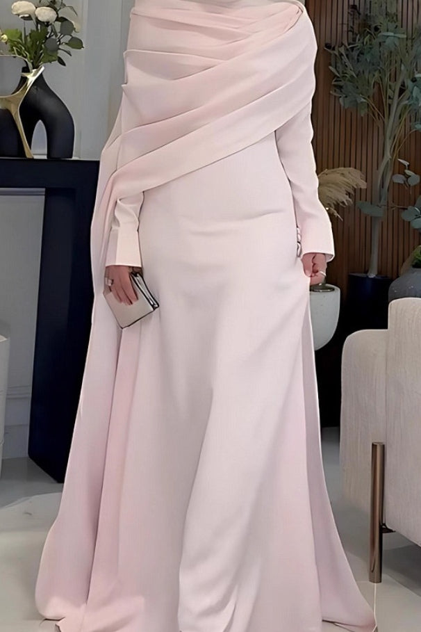 Blush Pink Draped Modest Evening Gown