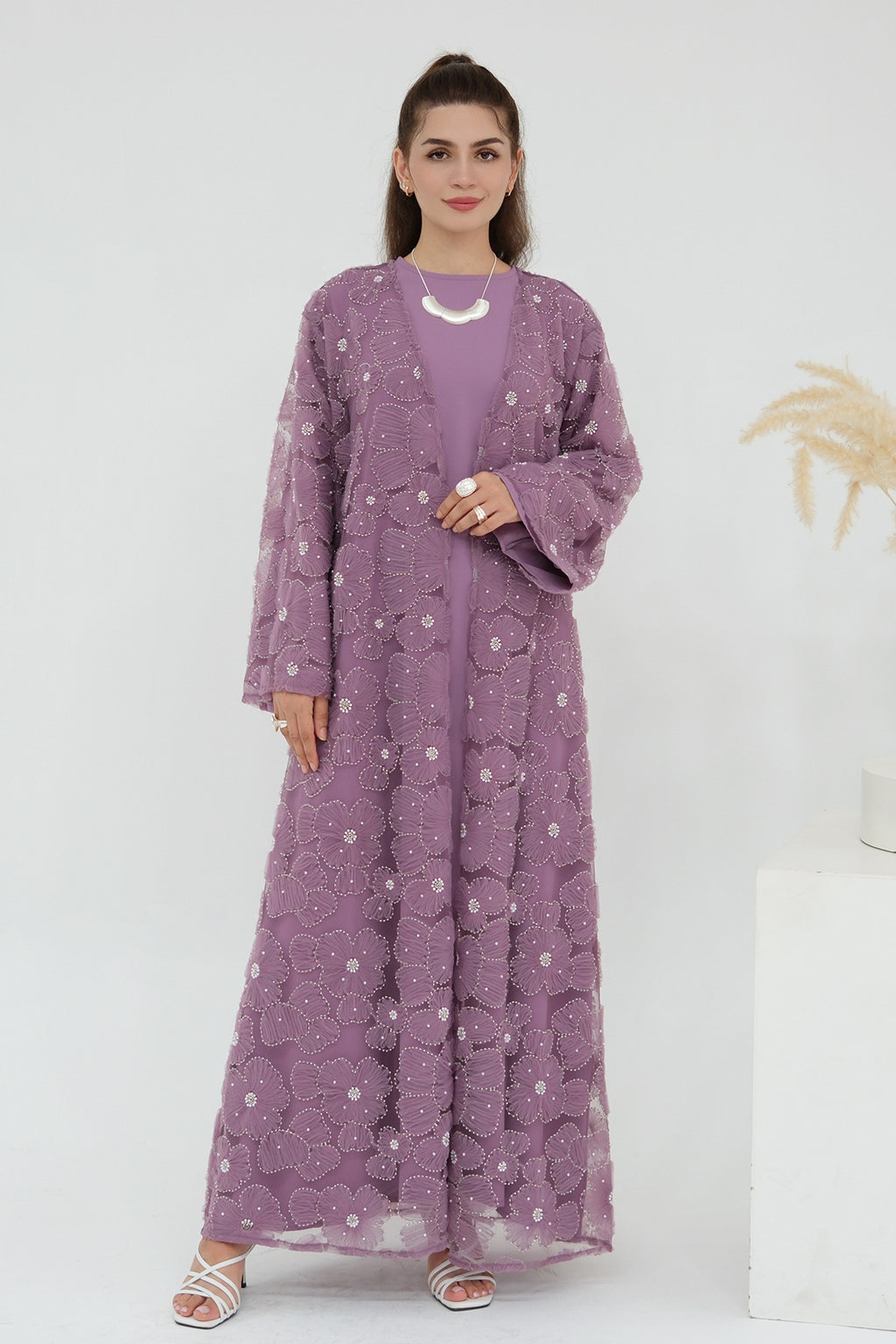 Hand-Beaded Floral Mesh Abaya Two-Piece Set-DarkPurple