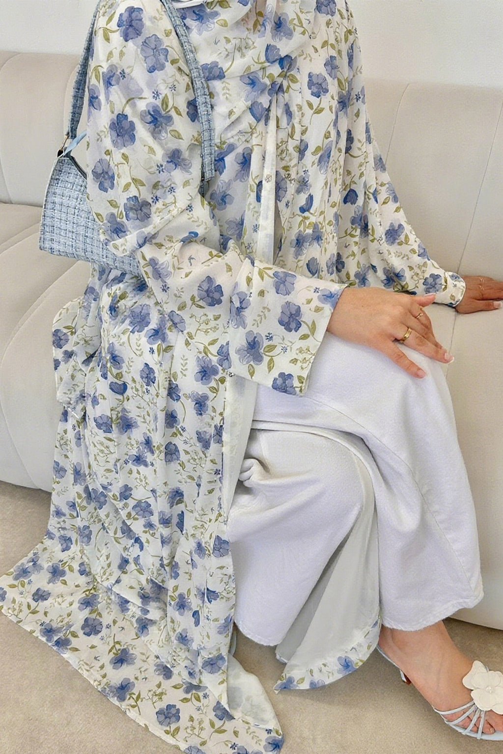 Floral Print Open Abaya & Matching Hijab Two-Piece Set-Blue