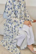 Floral Print Open Abaya & Matching Hijab Two-Piece Set-Blue