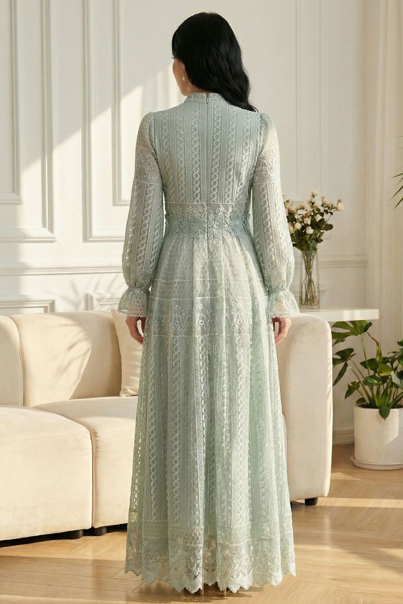 Double-Layer Lace Embroidered Maxi Dress-Green