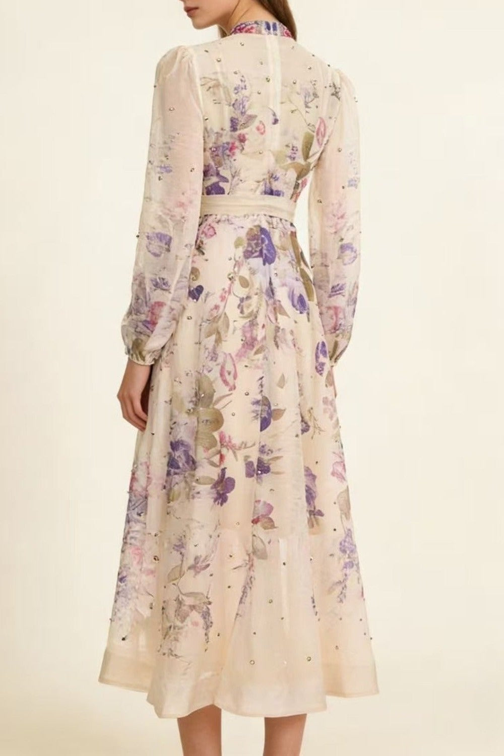 Royal Purple Floral Print Crystal-Embellished Full-Sweep Maxi Dress