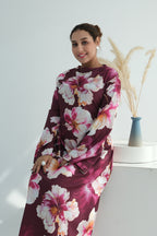 Large Floral Print Bell Sleeve Maxi Dress-Wine