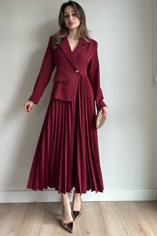 Amara Blazer Pleated Maxi Dress-Red