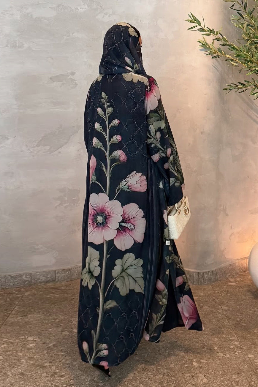 Artisanal Midnight Floral Abaya & Hijab Set-Blue